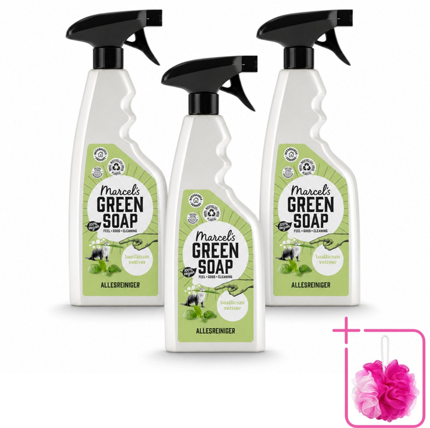 3 x Marcel's Green Soap - Allesreiniger Spray - Basilicum & Vetiver gras - Natuurlijk & effectief - 500 ml - Bulkverpakking - Allesreiniger spray - Douchemop - Natuurlijke reiniger