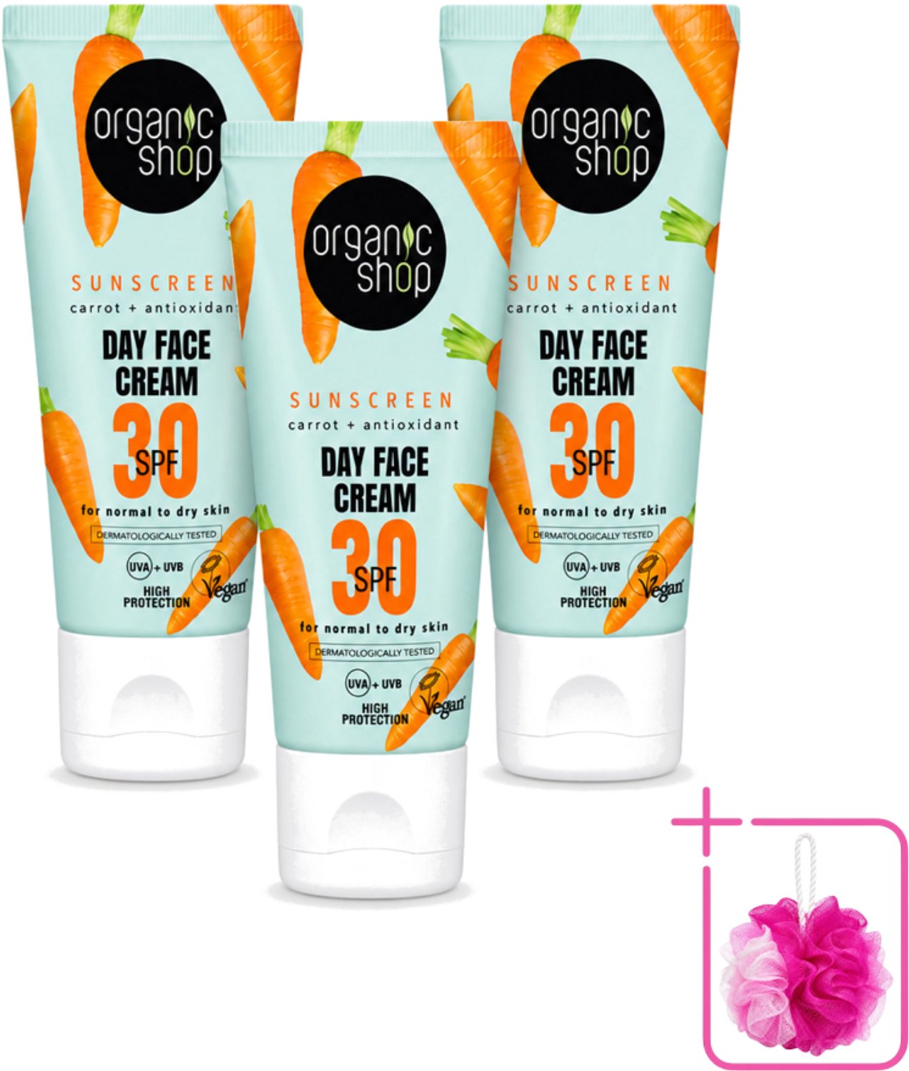 3 x Organic Shop - Zonnebrandcrème Gezicht SPF 30 - Normale Huid - 50 ml - Bulkverpakking - Zonbescherming - Douchemop - Gezichtscreme