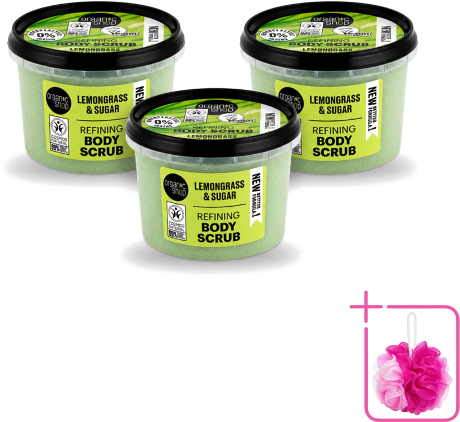 3 x Organic Shop - Body Scrub Lemongrass - Verfrissend en Verzorgend - 250 ml - Bulkverpakking - Bodyscrub - Douchemop - Exfoliatie