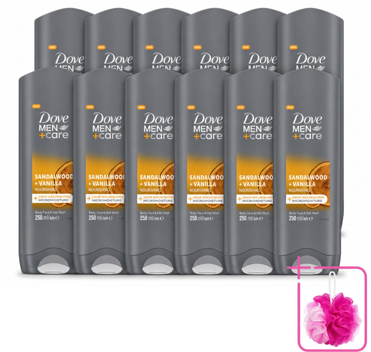 12 x Dove – Douchegel – Men+Care Sandalwood & Vanilla – 250 ml - Bulkverpakking - Douchegel voor mannen - Douchemop - Huidverzorging
