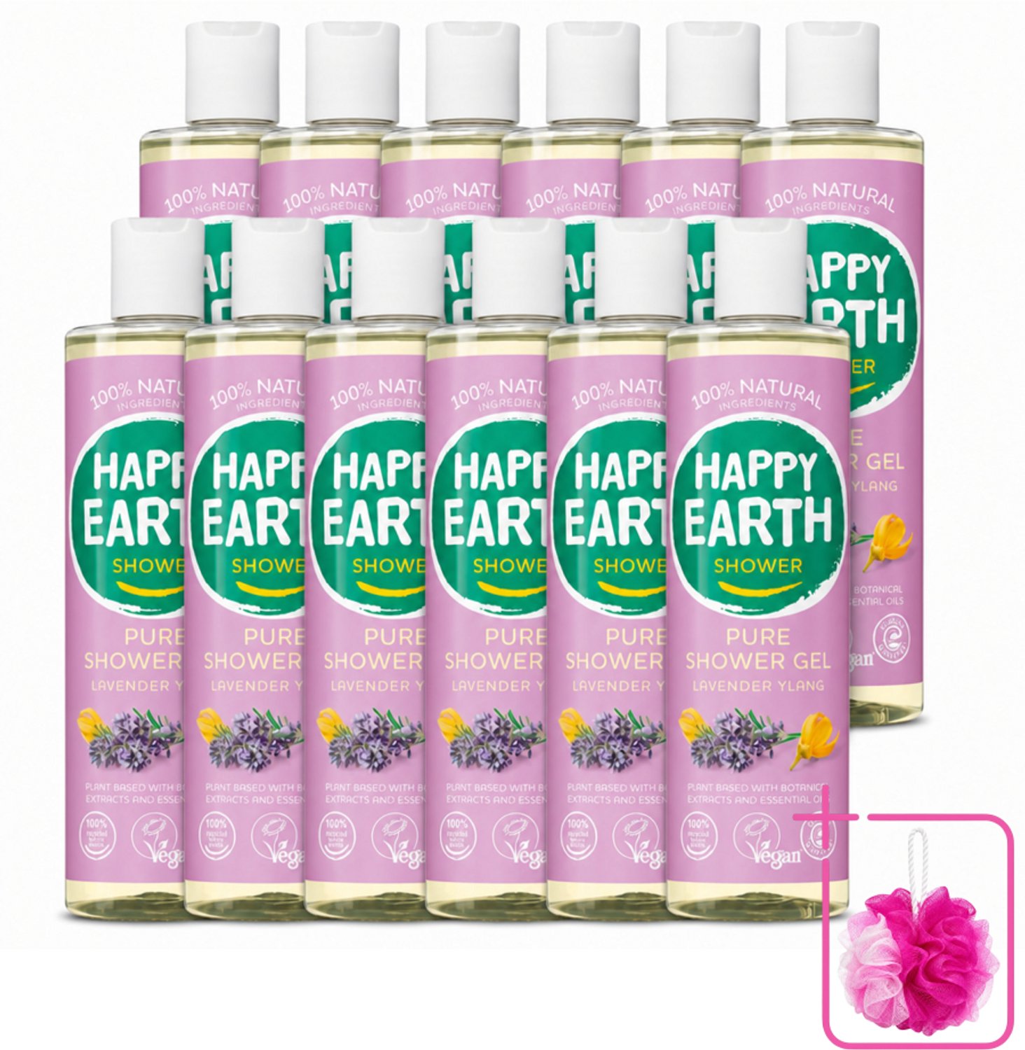 12 x Happy Earth – Douchegel – 100% Natuurlijk Lavender Ylang – 300 ml - Bulkverpakking - Douche gel - Douchemop - Natuurlijke douche