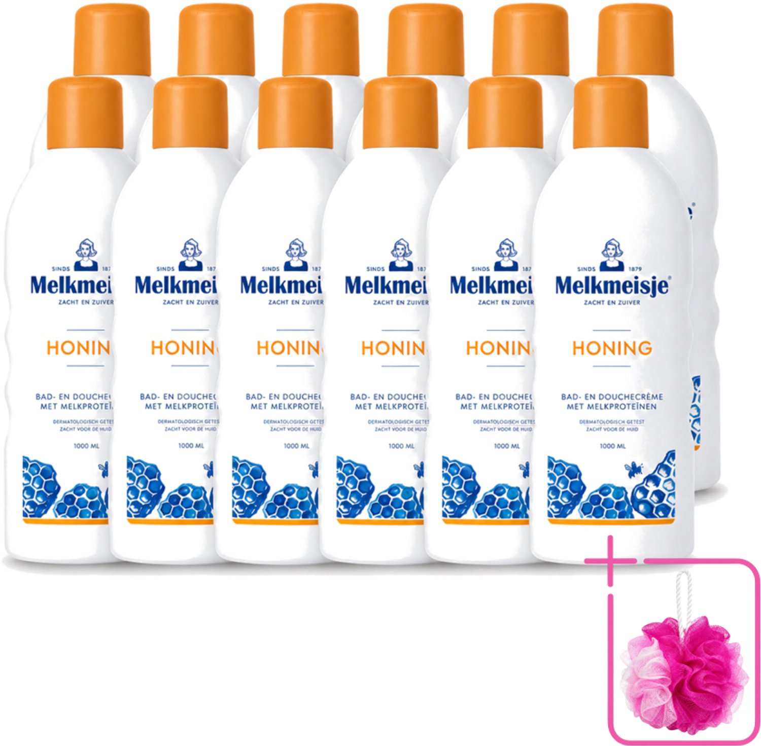 12 x Melkmeisje – Bad & Douche – Honing – 1000 ml - Bulkverpakking - Bad en douche crème - Douchemop - Honing crème