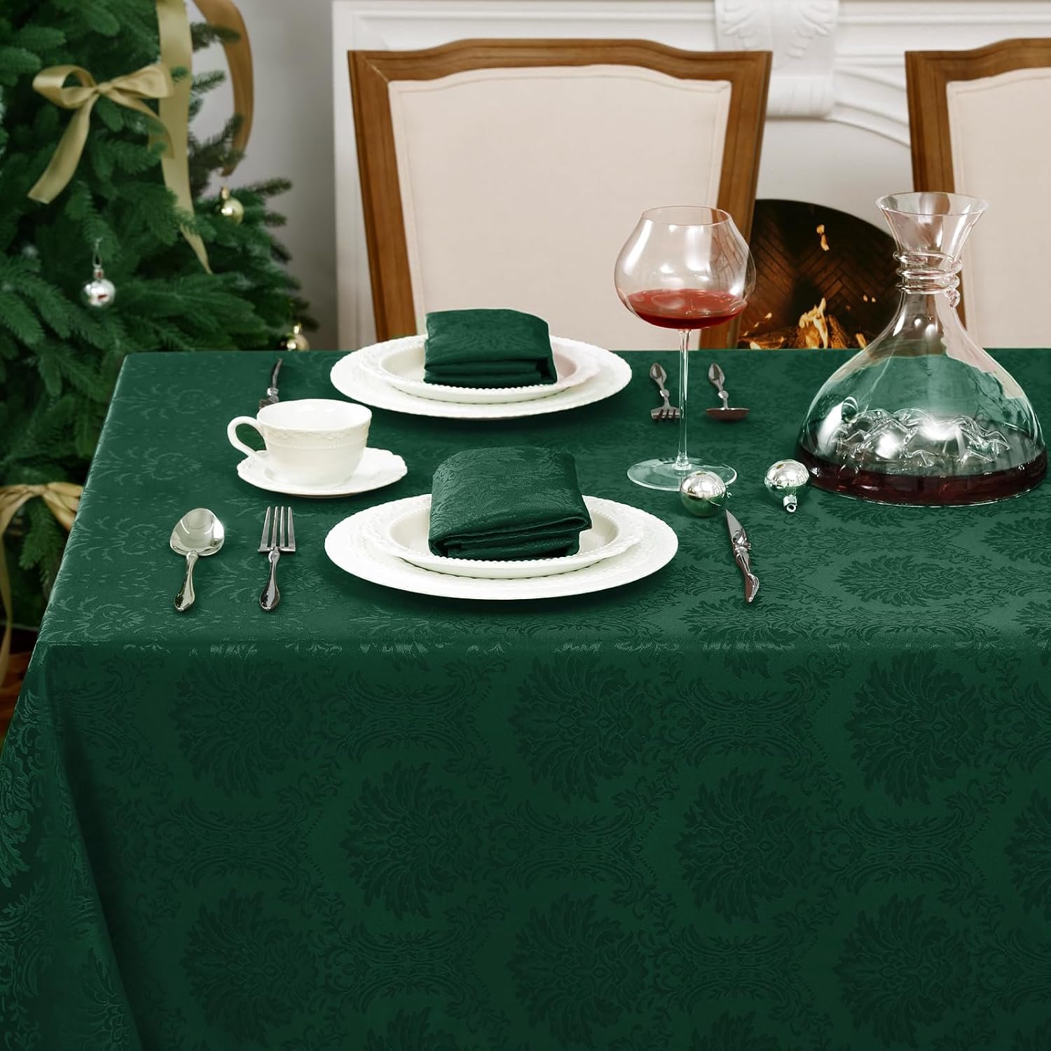 Romanstile Grote Tafelkleed Groen Kerstmis 300x150 cm rechthoekig, Barok Jacquard Afwasbaar, Onderhoudsvriendelijk, elegant voor Kerstdecoratie, Xmas-Banket, Bos-Thema, Kerstfeest, Diner