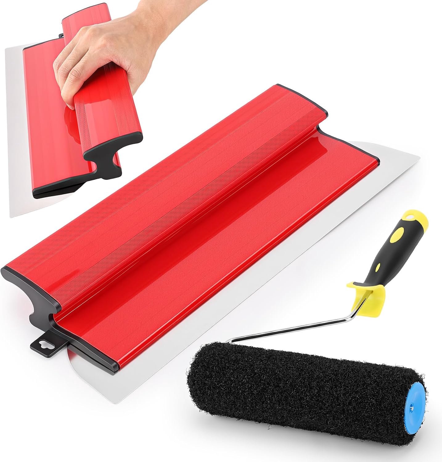 Gipsplaten Skimming Tool Skimming Blade Skim Coat Troffel Stopverfrollerset 40 Cm Roestvrij Staal Flexibel 0,5 Mm Blad 23 Cm Nylon Roller met Antisliphandvat voor Muur Plafond