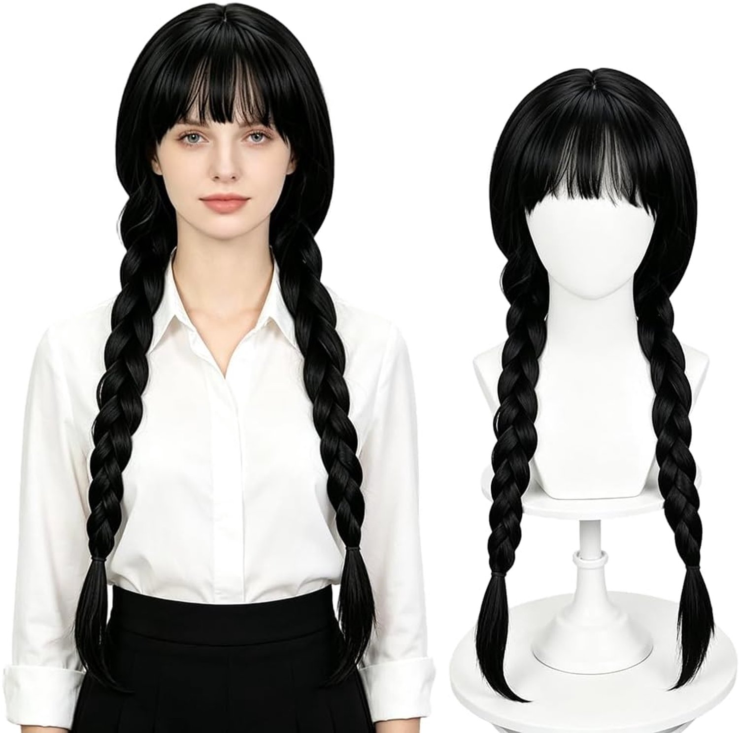 50 cm zwarte gevlochten pruiken voor dames, carnavalspruik met haarnet voor carnavalskostuums, carnaval, Halloween, cosplay