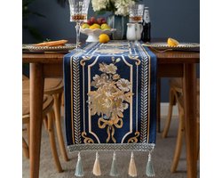 Luxe tafelloper met meerdere kwastjes, lang elegant borduurwerk jacquard tafelloper dressoir sjaal voor eetkamer feest banket salontafel, blauw, 35,6 x 200,7 cm