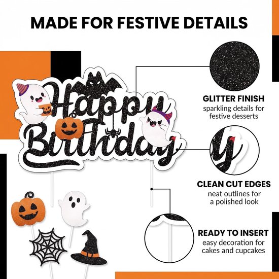 25 stuks Halloween-taartdecoraties voor verjaardag, set met 1 grote Happy Birthday-topper en 24 glinsterende cupcake-toppers voor taarten, muffins en themafeesten, pompoen, geest, heks — afbeelding 4