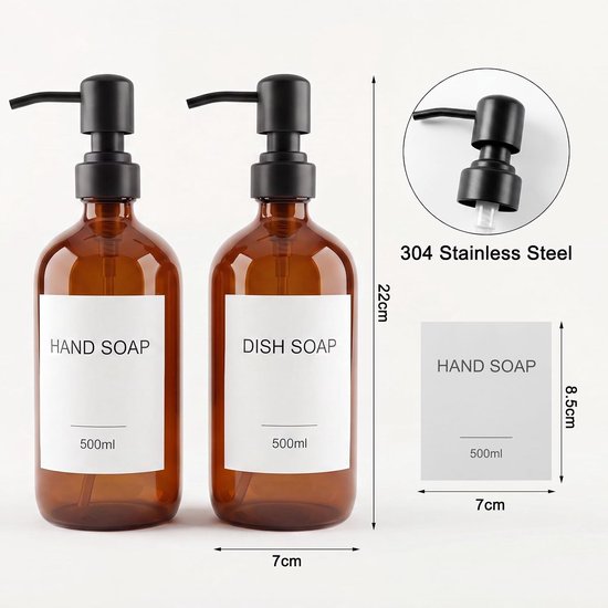 2 stuks glazen zeepdispenser met roestvrijstalen pomp, 500 ml handzeepdispenser, navulbare amberkleurige glazen zeepdispenser voor keuken en badkamer met pomp en label — afbeelding 3
