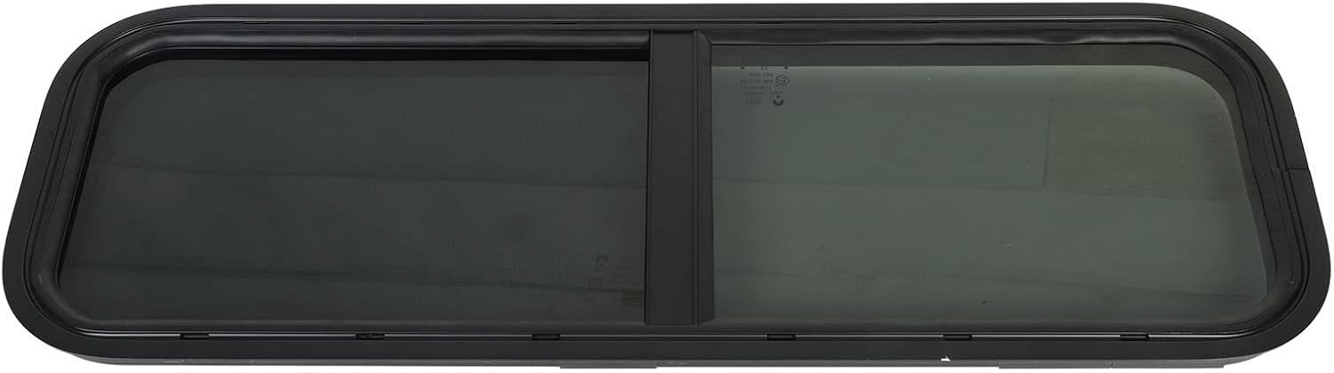 Sliding Raam voor Motorhomes 900 x 300 mm met Ronde Hoeken, Zwart Gehard Glas en Zonwering voor Caravans