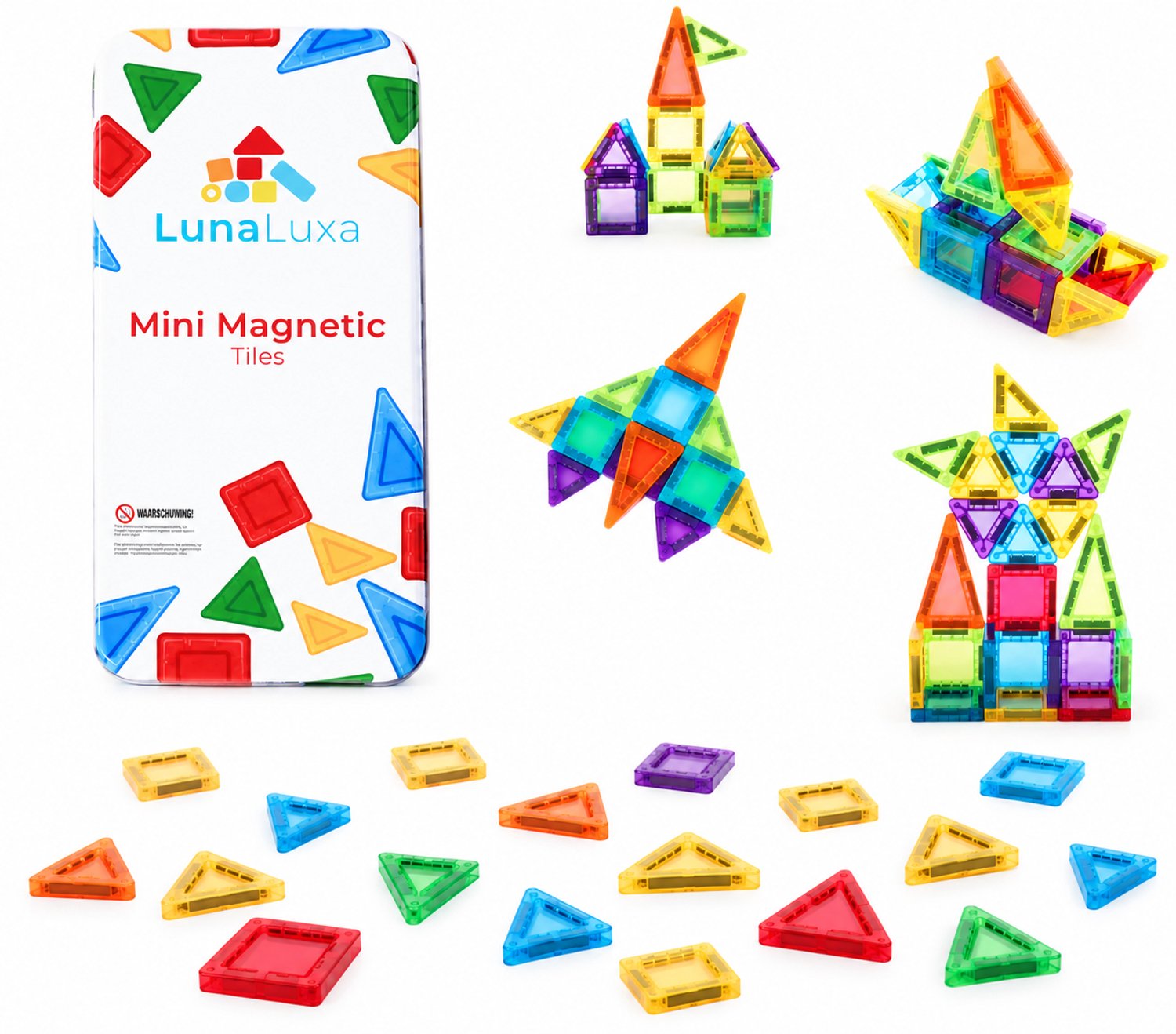 LunaLuxa - Magnetic tiles reisset - 46 stuks - inclusief voorbeeldenboekje - inclusief e-book met 82 extra uitdagingen - Mini tiles - speelgoed voor in de auto - travelset - compatibel met magna tiles - reisspeelgoed - autospeelgoed