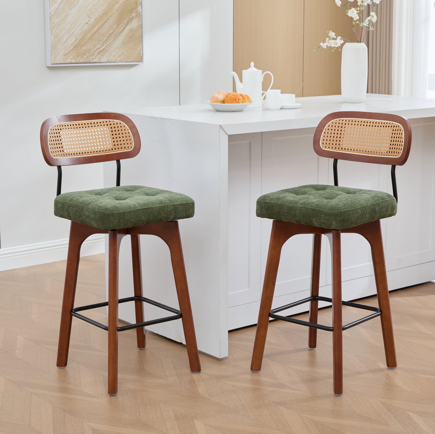 DESMIU Barkruk 44 x 51 x 96 cm - Draaibaar Met Rotan Rugleuning - Gewatteerde Chenille Zitting - Voor Keuken En Ontbijtbar - Groen