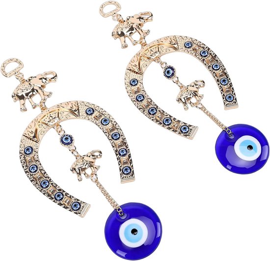 2 Stuks Blauw Oog Charme Hangend Ornament met Olifant Hoefijzerontwerp, Perfect voor Thuis Muur Raam Tuin Kantoor Decor, Blauwe Boze Oog Muur Hangende Hanger & Gouden Hoefijzer — afbeelding 3