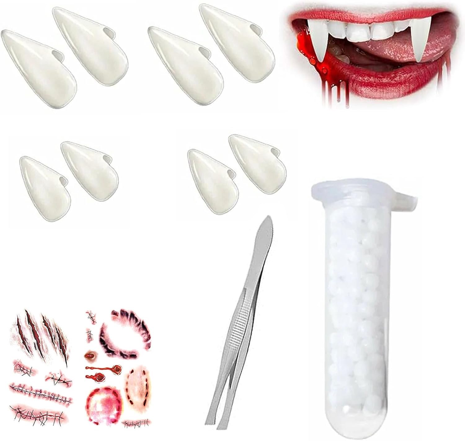 4 Paar Vampiertanden, Halloween, Party, Cosplay, Prothesen, Tattoo Stickers Prop Decoratie Met Pellets, Lijm Voor Halloween, Kostuum, Party