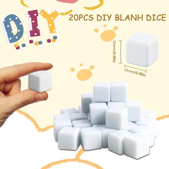 20 stuks witte blanco dobbelstenen, afgeronde blanco dobbelstenen, 25 mm acryldobbelstenen, 6-zijdig, doe-het-zelf stickers voor schilderen, rechthoekig voor bordspellen, leren, knutselen — afbeelding 2