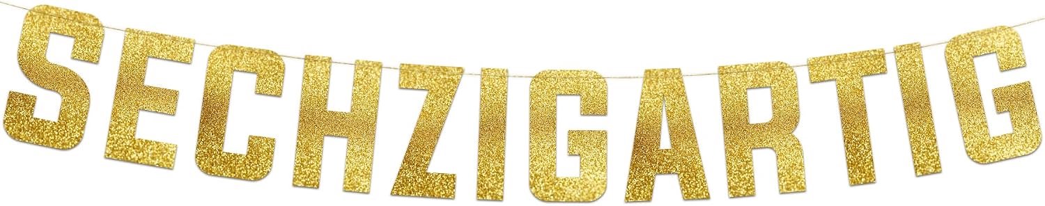 Pre-Strung Sechzigartig Gold Glitter Banner - Funny 60th Birthday and Anniversary Decorations for Men and Women - Party Supplies, Bunting Gifts and Wall Decorations (German Language)