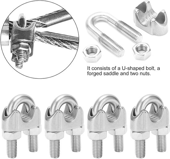 4 stuks M14 draadkabel kabelklem, roestwerende roestvrijstalen U-bout zadelbevestiging, antislipdraad draadkabelklemmen voor vast touw — afbeelding 3