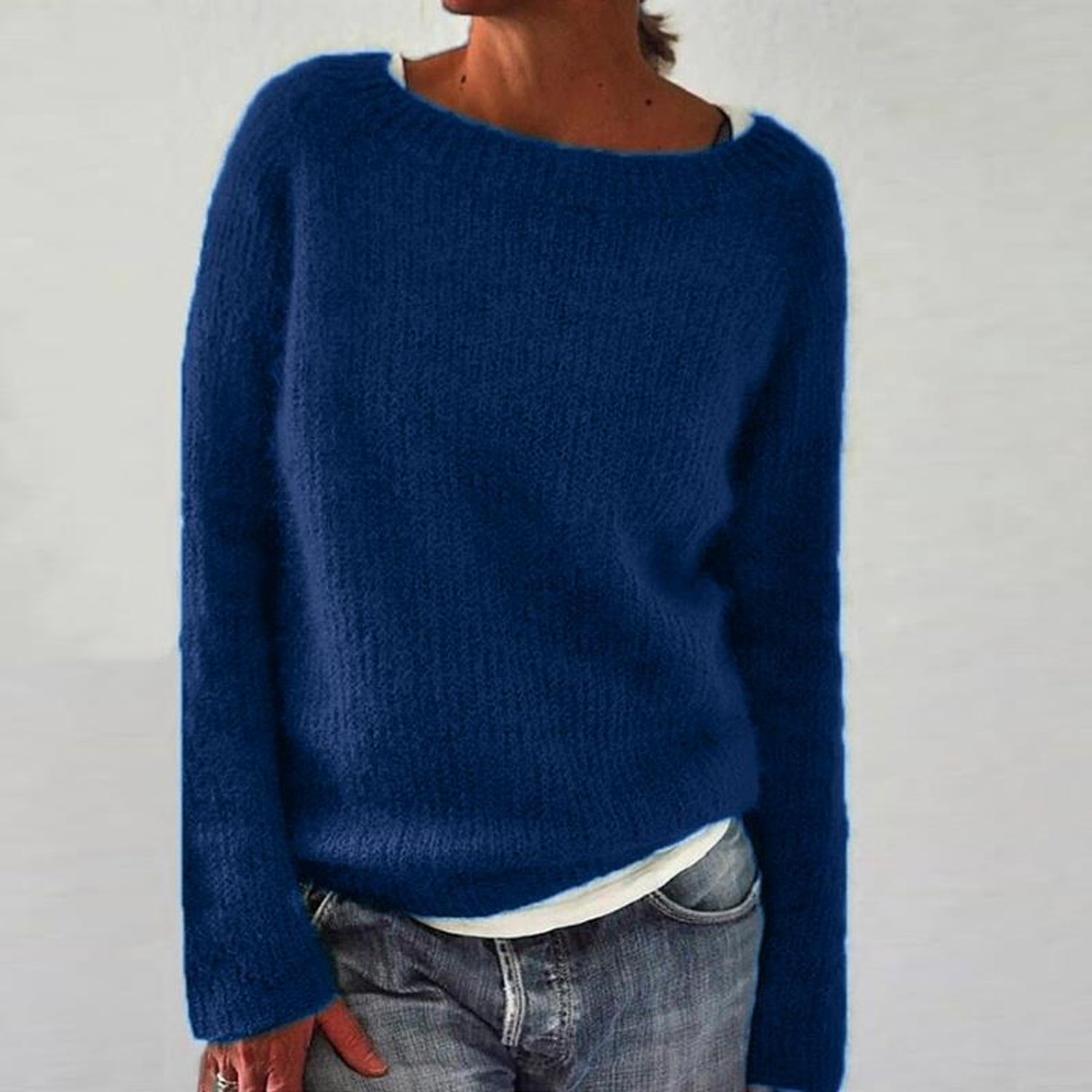 Trui Dames Effen Basic Gebreid Lang Mouw-Blauw-S