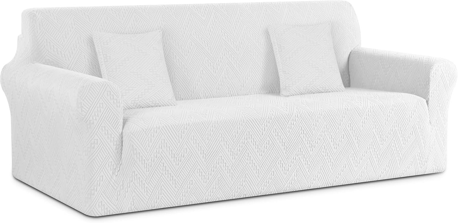 Ruaozz Stretch bankhoes, 1-delige bankhoezen voor 3-zits, antislip, universele bankhoes, wasbare zachte jacquard, meubelbeschermer met 2-delige sierkussenslopen (3-zits, ivoor)