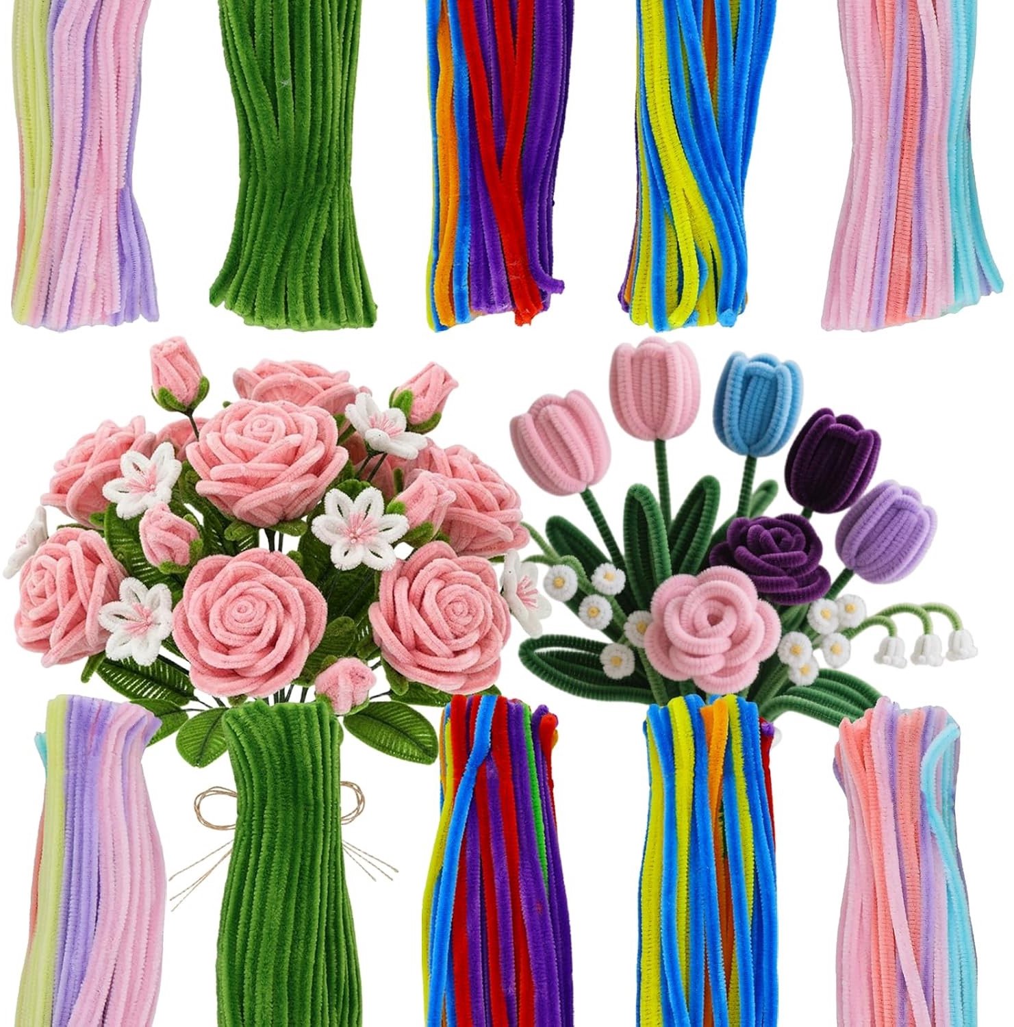 Creatieve Bloemenset met 500 Pijpenragers in 14 Kleuren voor Ambachtelijke Bloemen, Perfect voor Bloemstukken en DIY Projecten