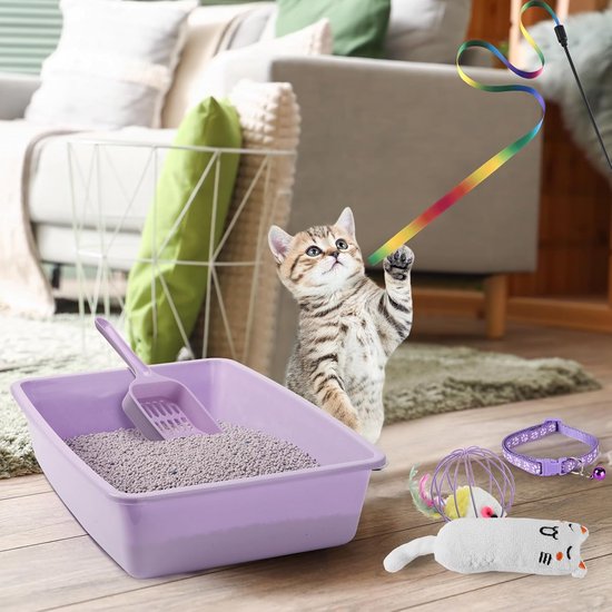 7 stuks kleine kat kitten starterkit kattenbak met schop kattenpoot kattenbak mat dubbele automatische kattenkommen kattenspeelgoed teaser stok kattenhalsband essentiële kits voor 1-3 pond beginner — afbeelding 5
