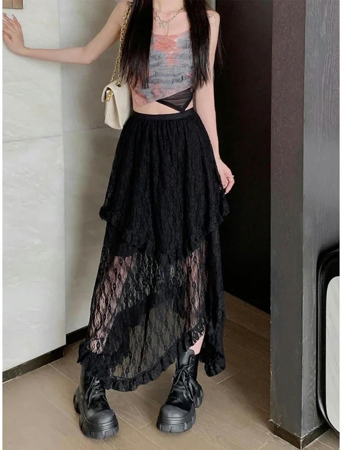 skirt Women Elastic Waist Floral Lace Long Skirt Retro Ruffle Frilly Sheer A Line Pleated Flowy Maxi Skirt