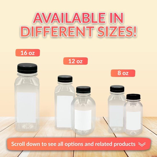 Reli. Plastic sapflessen [15 stuks] [12 oz] Vierkante plastic sapflessen met doppen en stickeretiketten | Duidelijke lege sapflessen voor het maken van sappen 12 oz | Wegwerpbare herbruikbare flessen — afbeelding 3