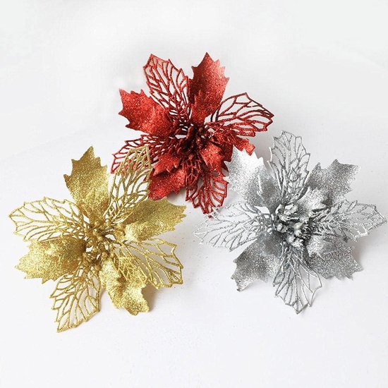 lyrlody 10 -stks Kerst Glitter Poinsettia Bloemen Xmas Decor Vakantiedecoratie Herbruikbare Kunstmatige Bloemen voor Boommuurdeur met 6 Kleuren 4,33 Inches (SILVER) — afbeelding 5