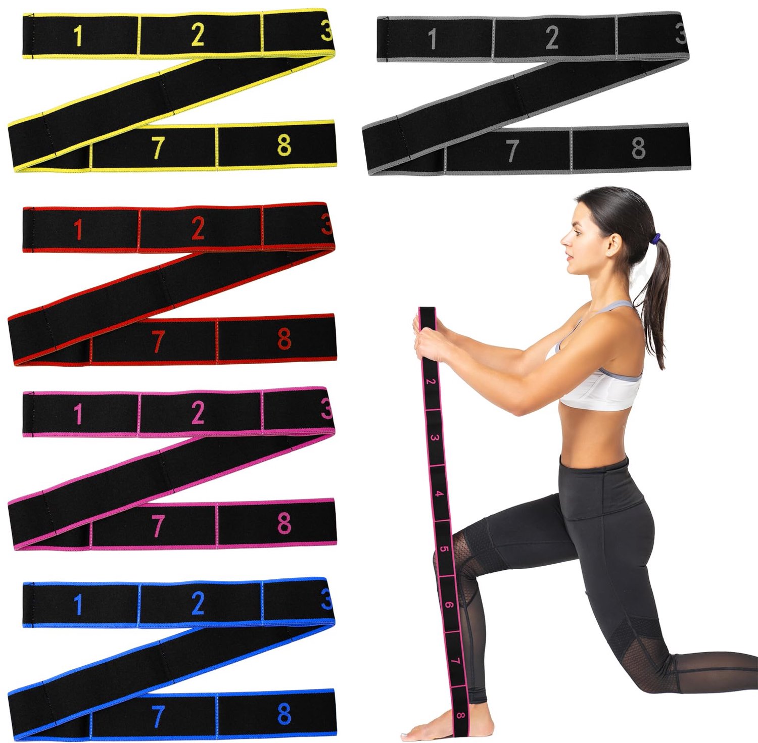SnelShoppen - 5 Stuks Yoga Stretchbanden met 8 Lussen - Verstelbare Weerstandsbanden voor Fitness, Pilates, Danstraining - 5 Kleuren - Ideaal voor Thu