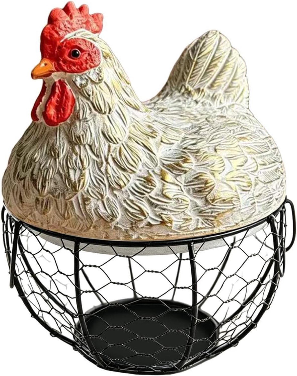 Eiermand van draad, container organizer met deksel, kip, draagbare ronde mand voor de oogst, boerderijhuis, keuken, tafel, boerderij, tuin, outdoor, markt, werkblad