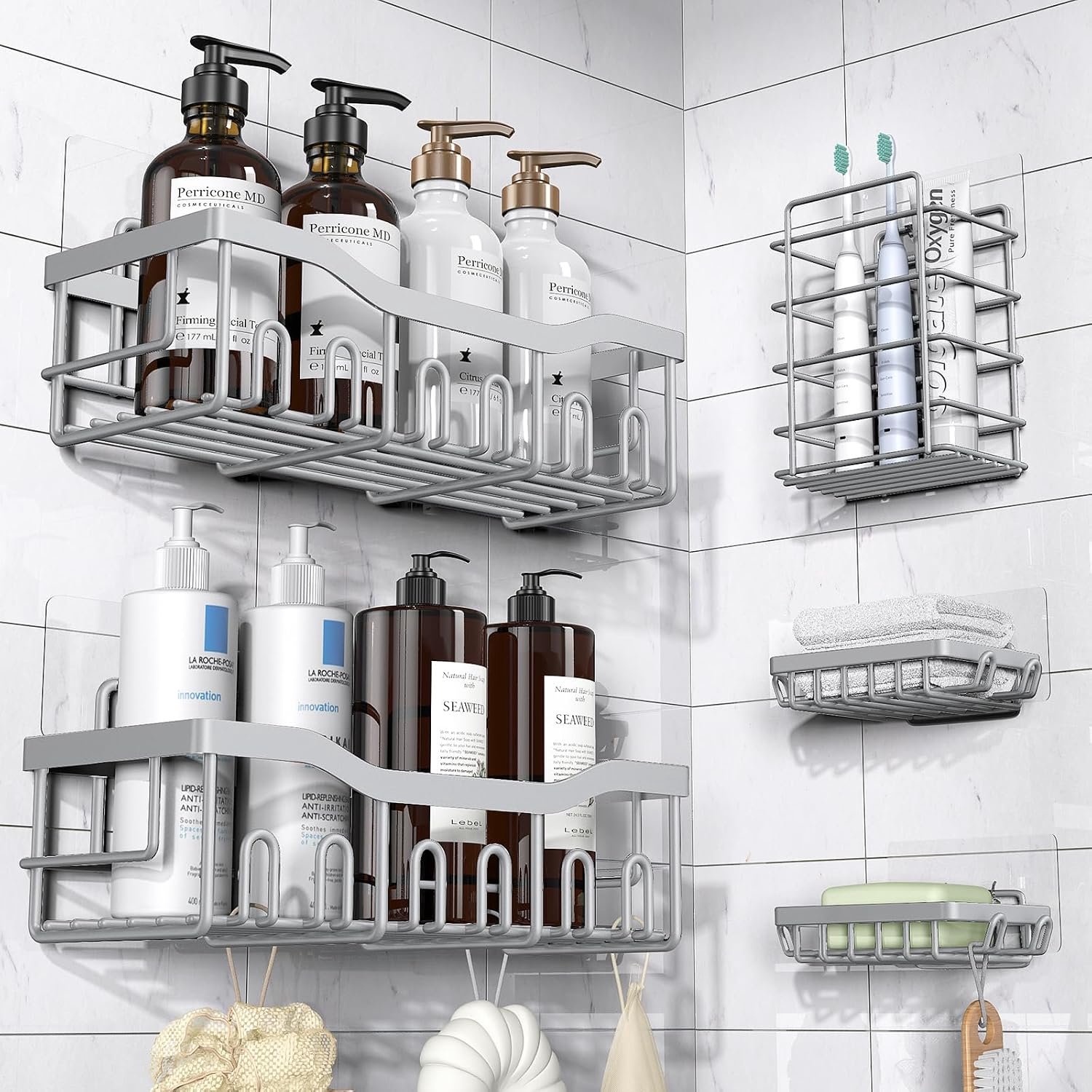 Douchecaddy 5-pack, zelfklevende douche-organizer voor badkameropslag en woondecoratie en keuken, geen boren, grote capaciteit, roestvrije roestvrijstalen badkamerorganizer, doucheplanken voor