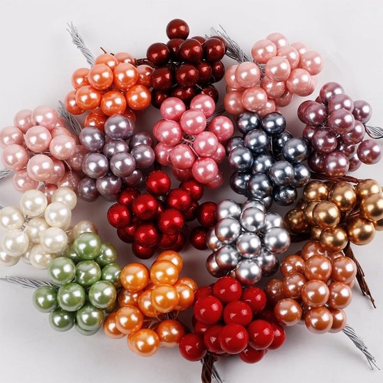 20 stuks kunstkerstbessen met steel, 12 mm, mini-knutselbessen van schuim en draad, kunstkralen, voor doe-het-zelf decoratie, krans, kerstboom, bloemstukken, zilver — afbeelding 3