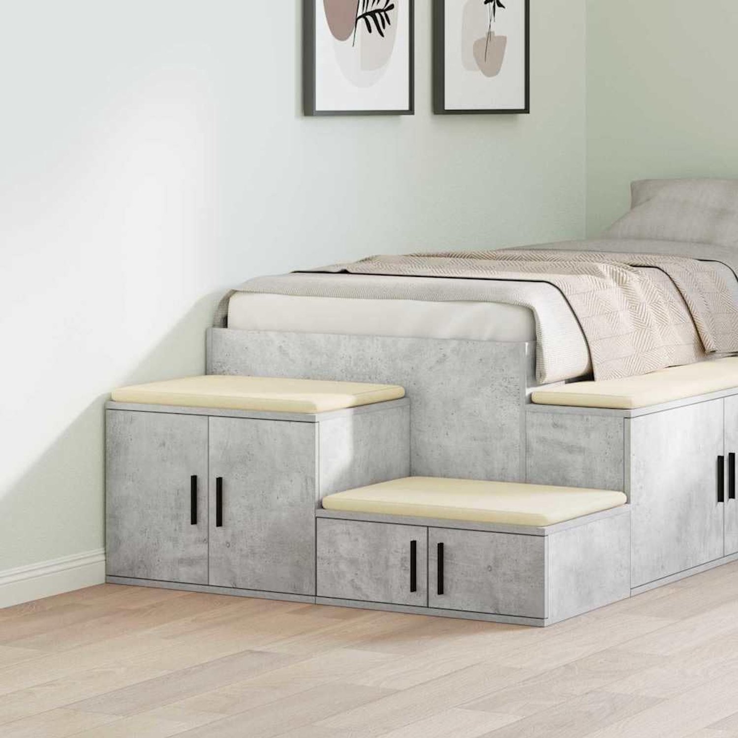 Moderne opbergkast 2 stuks betongrijs 118 x 41 x 40 cm met scharnierende deuren en open planken, zwarte handgrepen, houtmateriaal, voor woon- en eetkamer