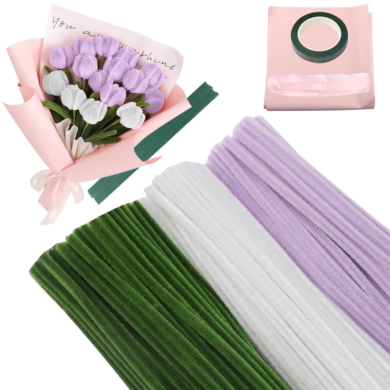 300 Stuks Pijpenragers voor Bloemen - 30 cm Creatieve Knutselset met Bloemendraad, Bloementape en Struisvogelpapier voor DIY Decoraties in Groen, Wit en Paars