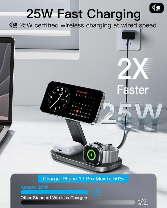 Draadloze 3-in-1 Oplader met Magnetische Functie voor iPhone, Apple Watch en AirPods Pro, 25W Vouwbaar Ontwerp — afbeelding 5