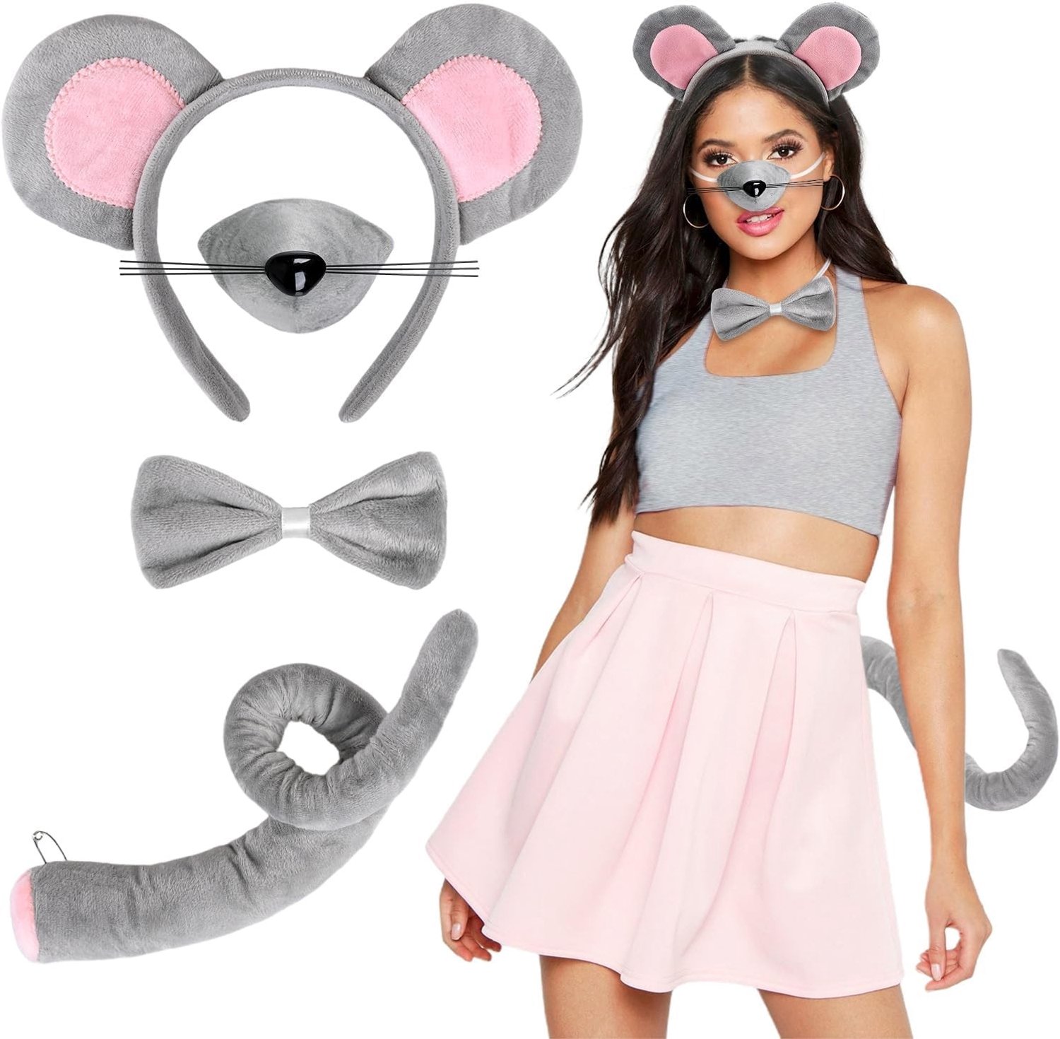 Halloween Muiskostuum voor Dames met Oren, Neus, Staart en Strik - Perfect voor Carnaval en Feestjes