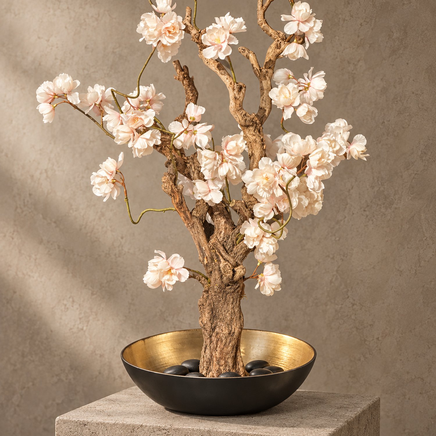 Kunstbloesemboom heel zacht roze – Echte Houten Stam – Zwart Gouden Schaal – Seta Fiori