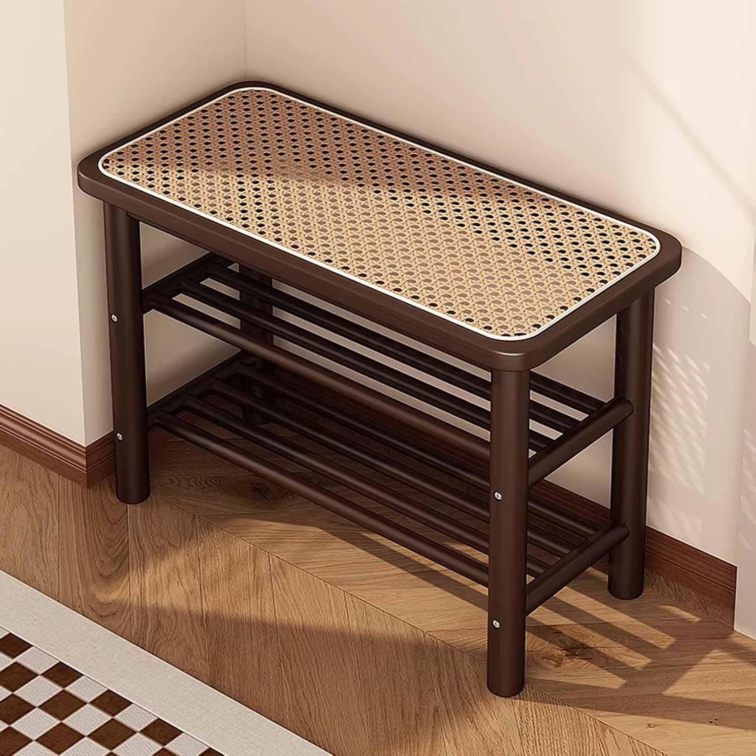 3-Tier Bamboe Schoenenrek, Entryway Bank Opslag Plank Rotan Opslag Zitkussen voor Hal Woonkamer