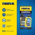 Rain-X waarde verpakking met informatie over anti-condens, waterafstoting en verbeterd zicht.