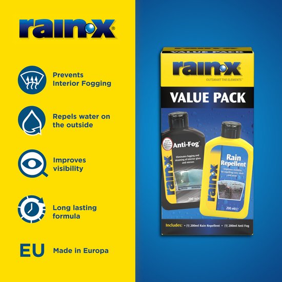 Rain-X waarde verpakking met informatie over anti-condens, waterafstoting en verbeterd zicht.