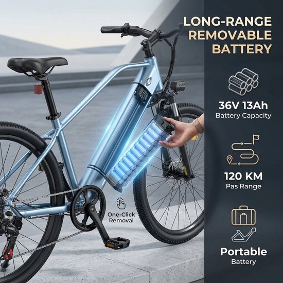 HillMiles MileTrail 1 Elektrische mountainbike voor volwassenen, 250W motor, snelheidssensor, 36V 13Ah accu, 26 inch wielen, voorvorkvering, maximale ondersteuningssnelheid 25 km/h, schijfremmen, Blauw — afbeelding 3