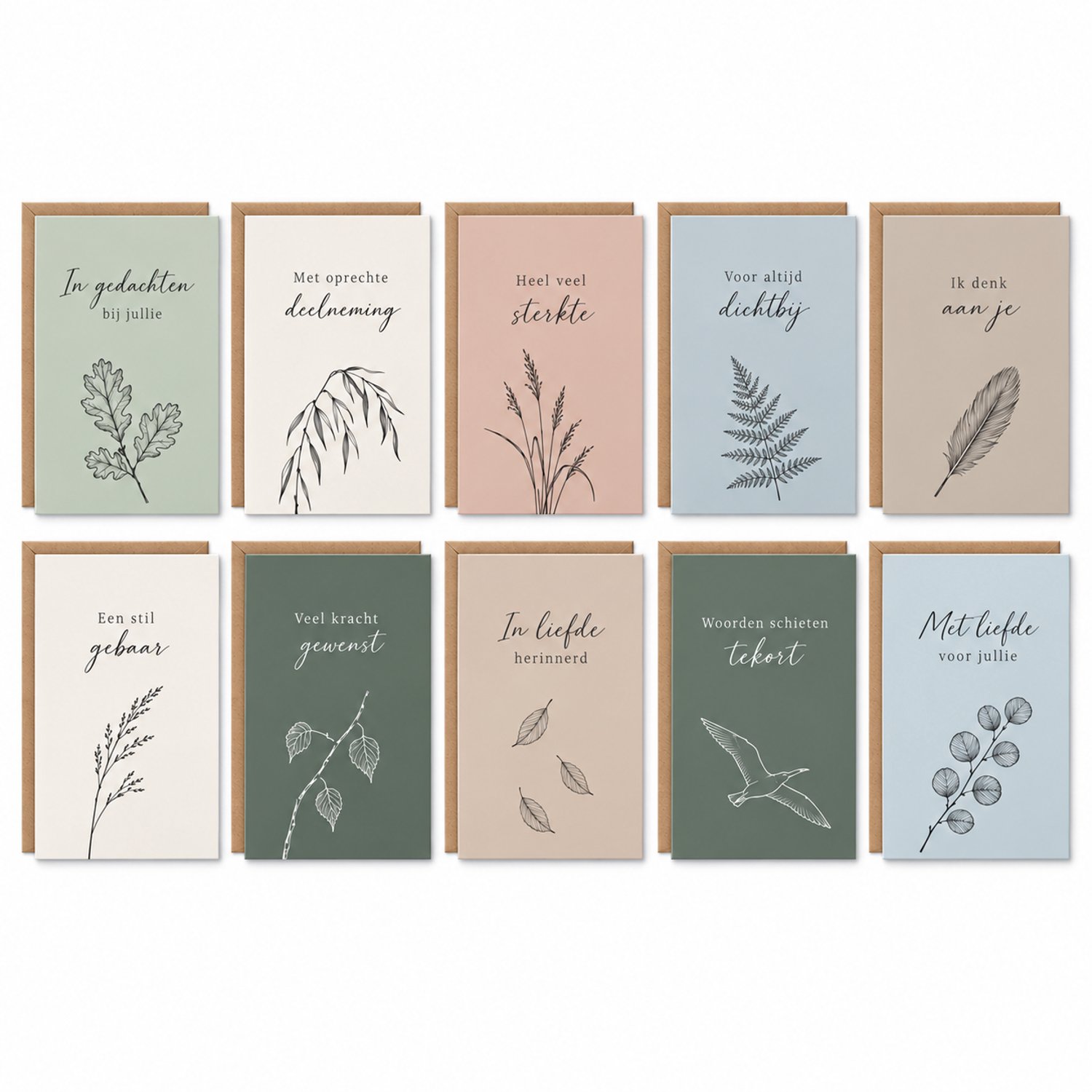 Cards & Crafts 10 Luxe Condoleancekaarten met Botanische afbeeldingen – Sterkte en Deelneming – 12x17 cm – 300 g/m² – Inclusief Kraft Enveloppen