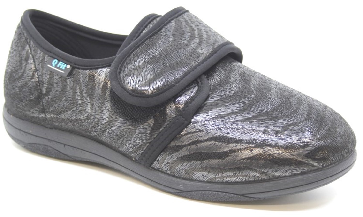 Q Fit Medisch Schoen/ Pantoffel Stretch Klittenband Zwart Tijgerprint