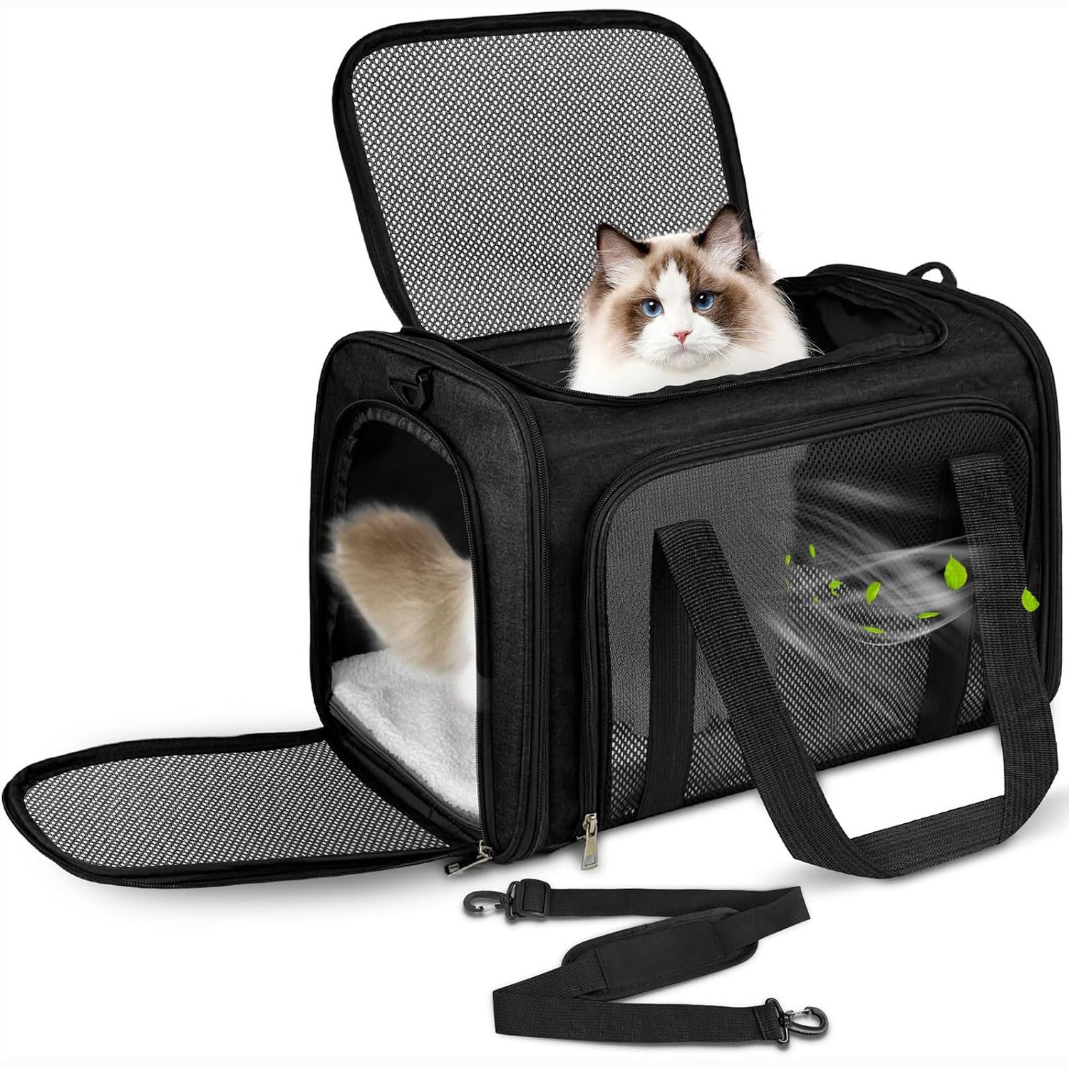 Zwarte Draagtas Hond en Kat – 45x30x30 cm – Opvouwbare Kattentas & Reismand – Ademende Vervoersbox met 3 Mesh Vensters – Verwijderbaar Wasbaar Bodemkussen – Zelfvergrendelende Rits – Max 10 LBS – Voor Katten, Kleine Honden en Konijnen