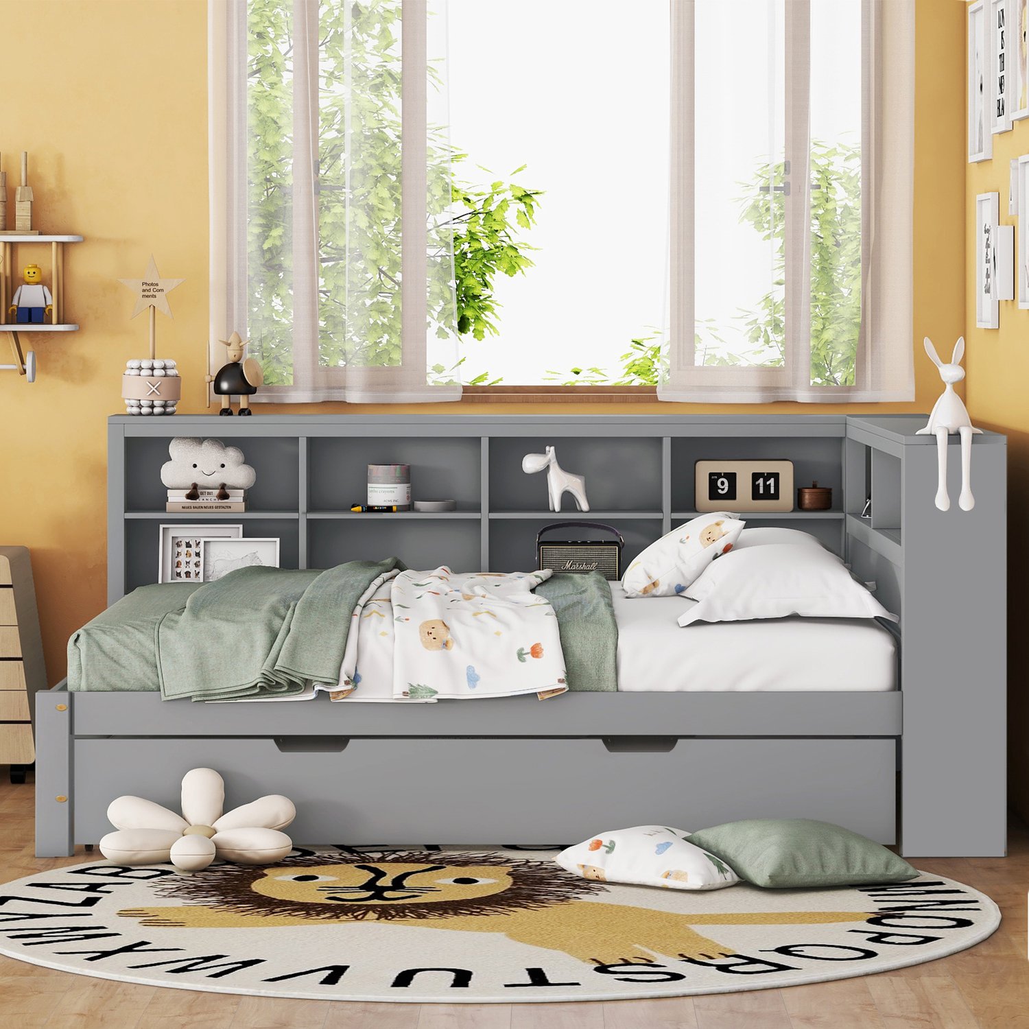 Merax Slaapbank 140x200cm - uitschuifbaar bed 90x190cm - met USB-aansluiting en meerdere opbergvakken - grijs - zonder matras