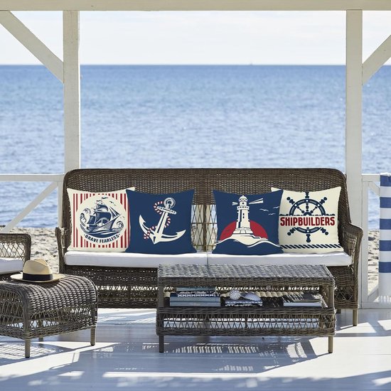 Zomers nautisch kussenslopen 45 x 45 cm, boot anker stuur vuurtoren rood marineblauw decoratieve kussenhoezen sierkussenslopen voor bank woonkamer thuis set van 4 — afbeelding 5