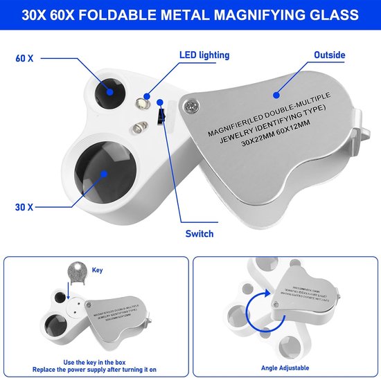 2 stuks juweliersvergrootglas, 30 x 40 x 60 x juweliersloep met led- en uv-zwart licht, sieradenvergrootglas, zakloep met licht voor edelstenen, diamanten, sieraden, rokken, postzegels (zilver) — afbeelding 5