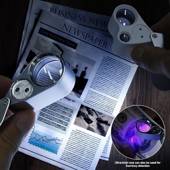 2 stuks juweliersvergrootglas, 30 x 40 x 60 x juweliersloep met led- en uv-zwart licht, sieradenvergrootglas, zakloep met licht voor edelstenen, diamanten, sieraden, rokken, postzegels (zilver) — afbeelding 2