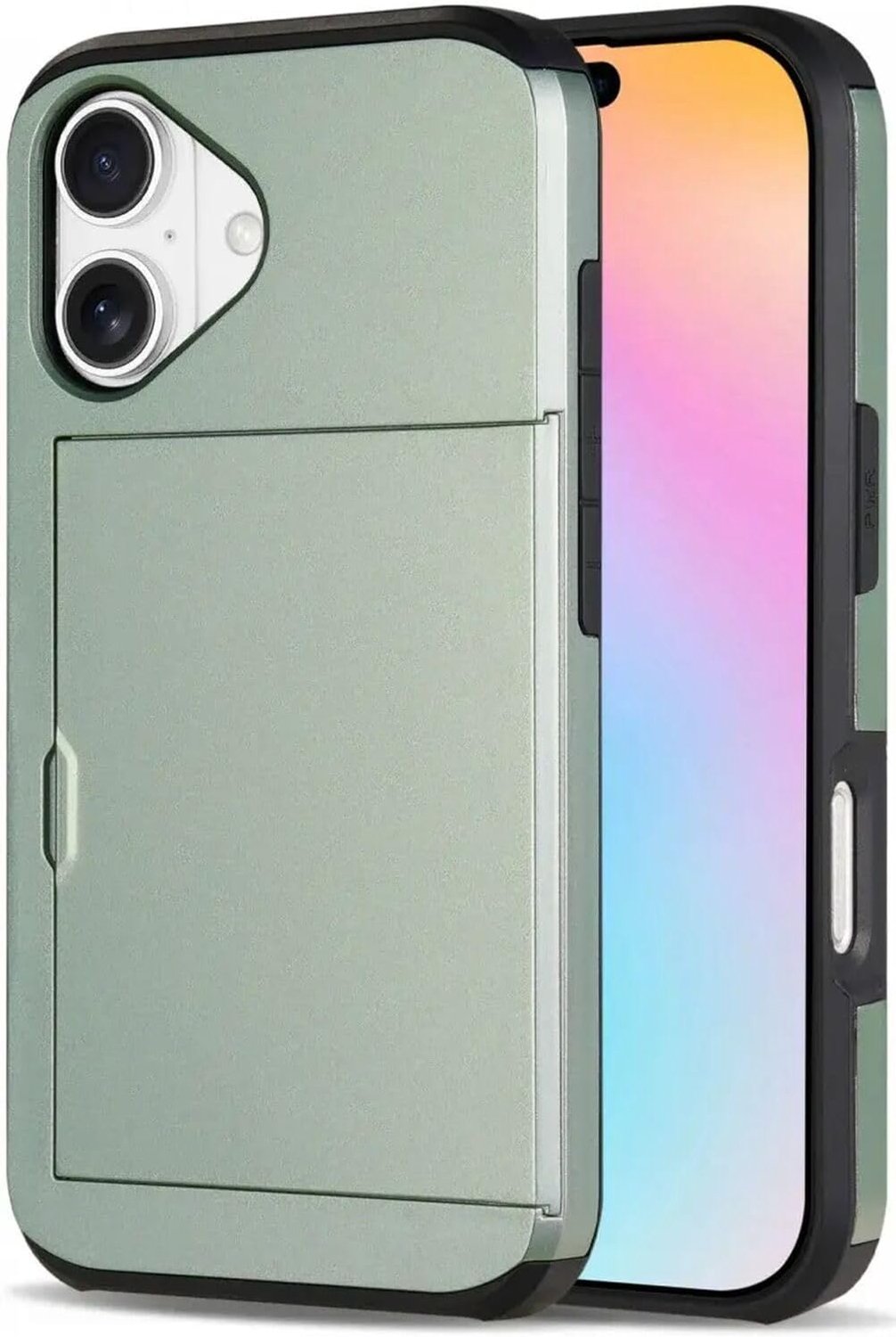 Hoesje met Kaarthouder Slider Geschikt voor Apple iPhone 16 | Back Cover Pasjeshouder Achterkant | Kaarthouder voor Twee Pasjes | Groen