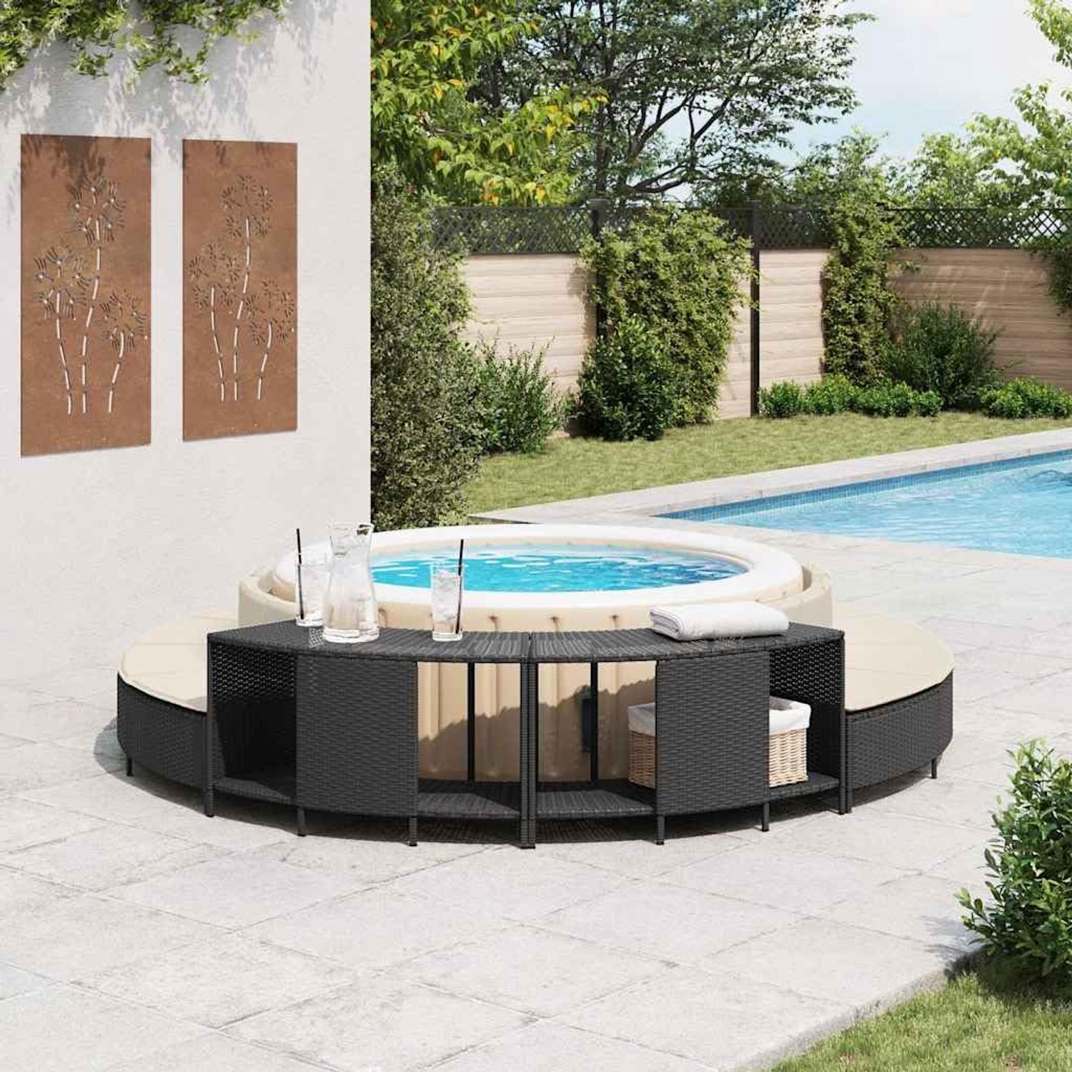 2 x whirlpoolrek set outdoor polyrotan zwarte plank voor tuin, spa, zwembadaccessoires, staande rek, opbergruimte