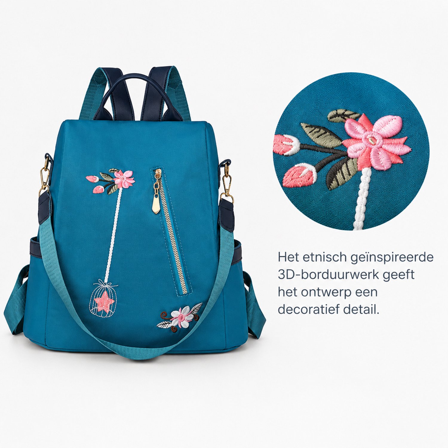 Rugzak - blauw - met geborduurd ontwerp - voor dagelijks gebruik